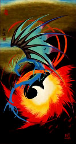 Dragon and Phoenix Wall Scroll close up view