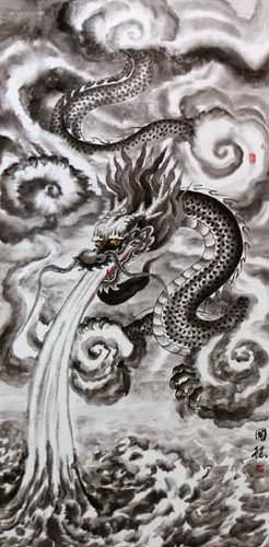 Flying Chinese Dragon - Asian Wall Scroll close up view