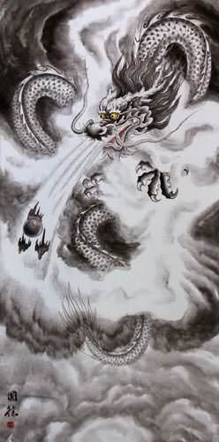 Flying Chinese Dragon - Asian Wall Scroll close up view