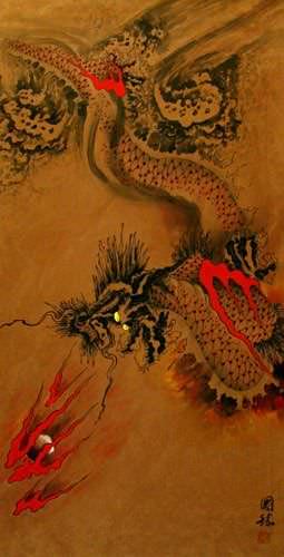 Flying Chinese Dragon - Asian Wall Scroll close up view