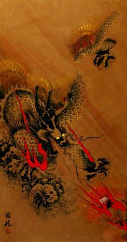 Flying Chinese Dragon - Asian Wall Scroll close up view