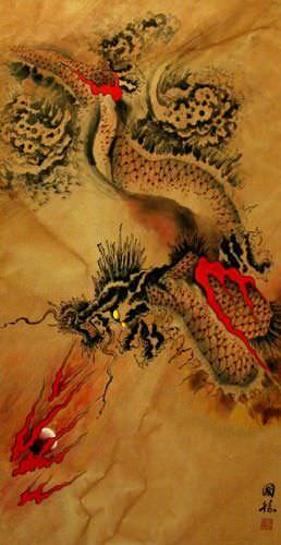 Flying Chinese Dragon - Asian Wall Scroll close up view