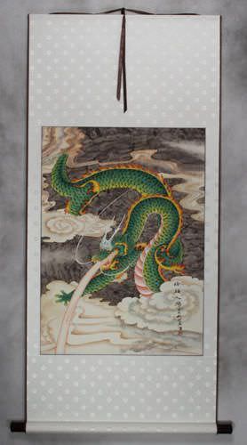 Good Luck Green Dragon - Chinese Wall Scroll