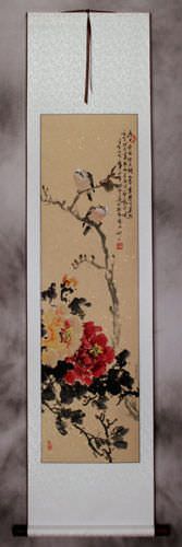 Birds and Peony Flowers Wall Scroll