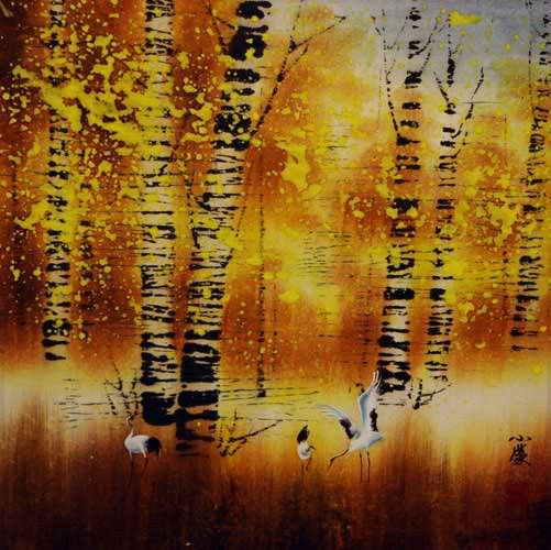 Autumn in Birch Forest - Asian Cranes Landscape Painting